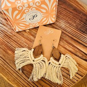 Plunder Designs Retired Vanilla Earrings - Cream color wood and macramé NIB